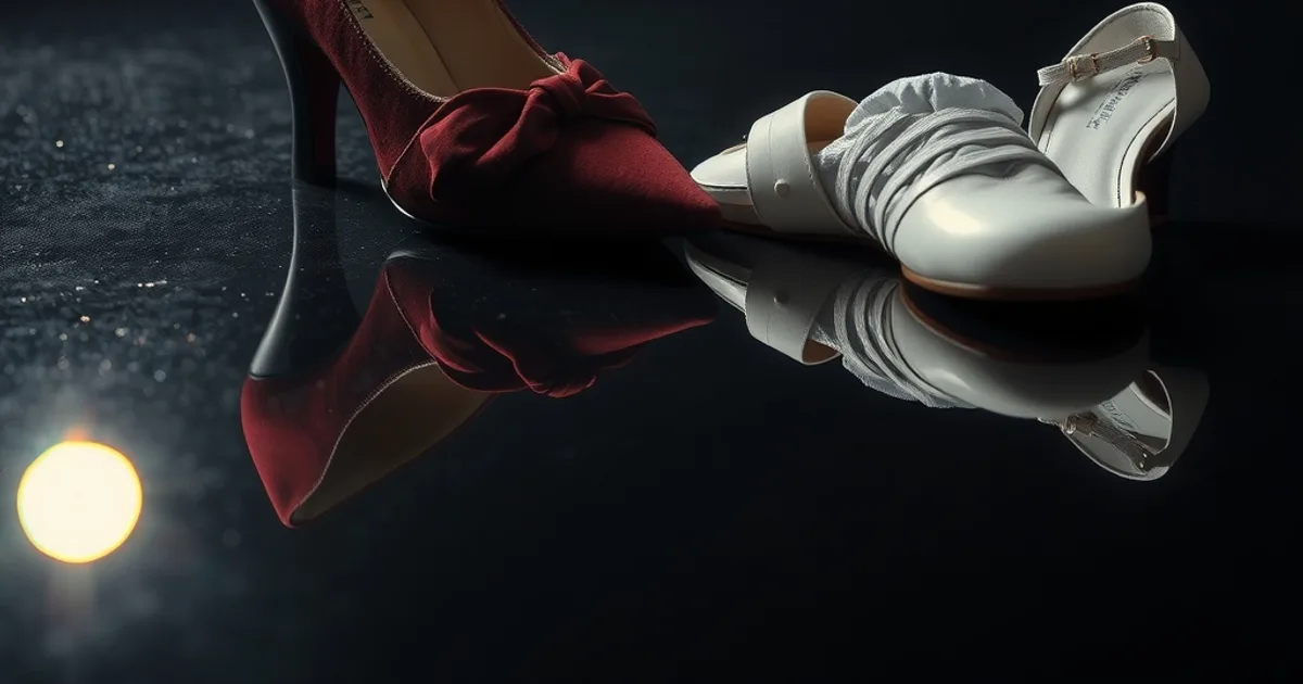 Une chaussure orthopédique élégante posée près d'une chaussure de décharge post-opératoire, dans une lumière sombre et raffinée