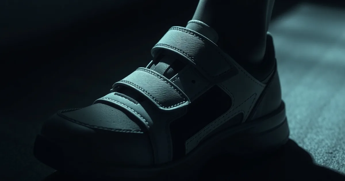 Gros plan sombre et cinématique sur une chaussure post-opératoire à velcro large et semelle rigide, éclairage dramatique en clair-obscur.