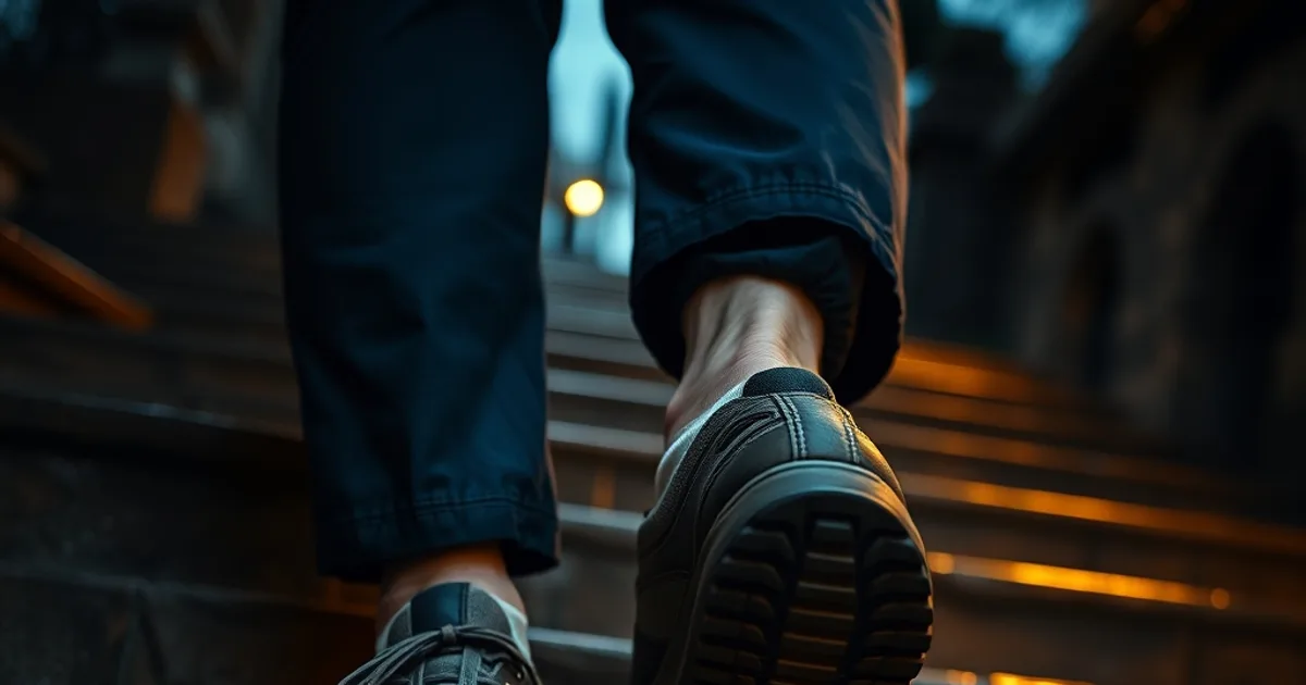 Gros plan sur les pieds d'une personne âgée portant des chaussures anti-chute sur un escalier en pierre humide, éclairage dramatique en fin de journée