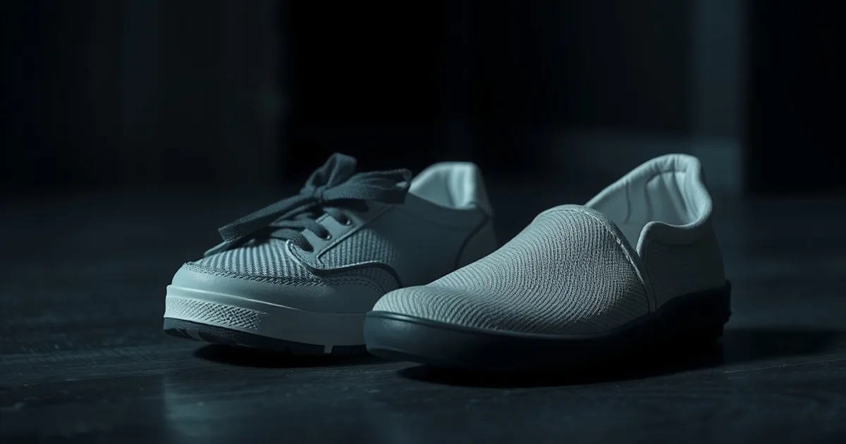 Chaussure de décharge post-chirurgicale et chaussure orthopédique de transition posées côte à côte dans une ambiance sombre et cinématographique