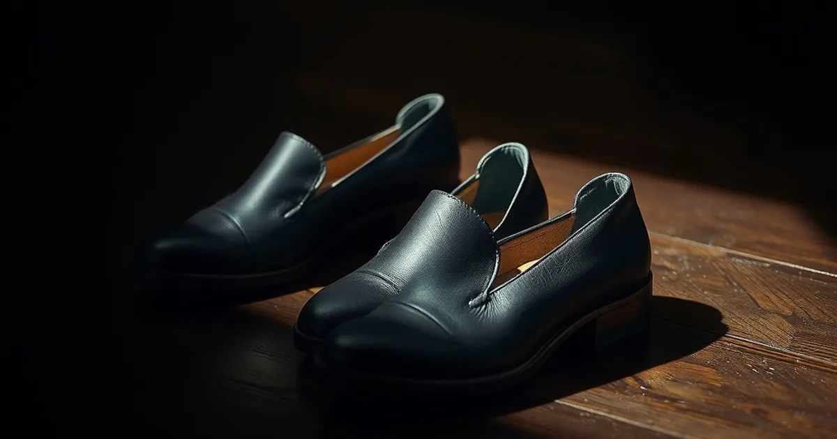 Paire de chaussures élégantes en cuir foncé au bout légèrement arrondi, éclairées en clair-obscur sur un parquet sombre