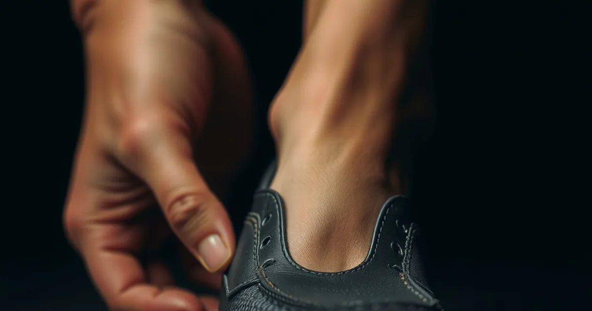 Gros plan sur un pied présentant un hallux valgus glissé dans une chaussure large et souple, dans une lumière sombre et cinématographique