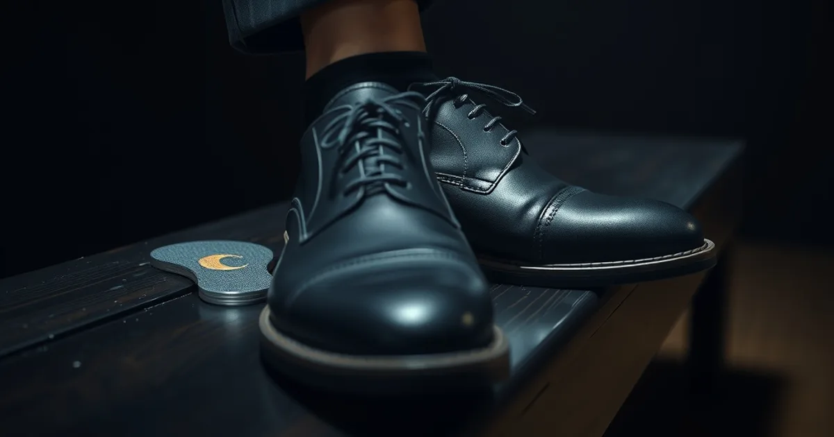 Chaussure homme en cuir foncé avec semelle orthopédique sur mesure posée à côté, éclairage tamisé et ambiance sobre.