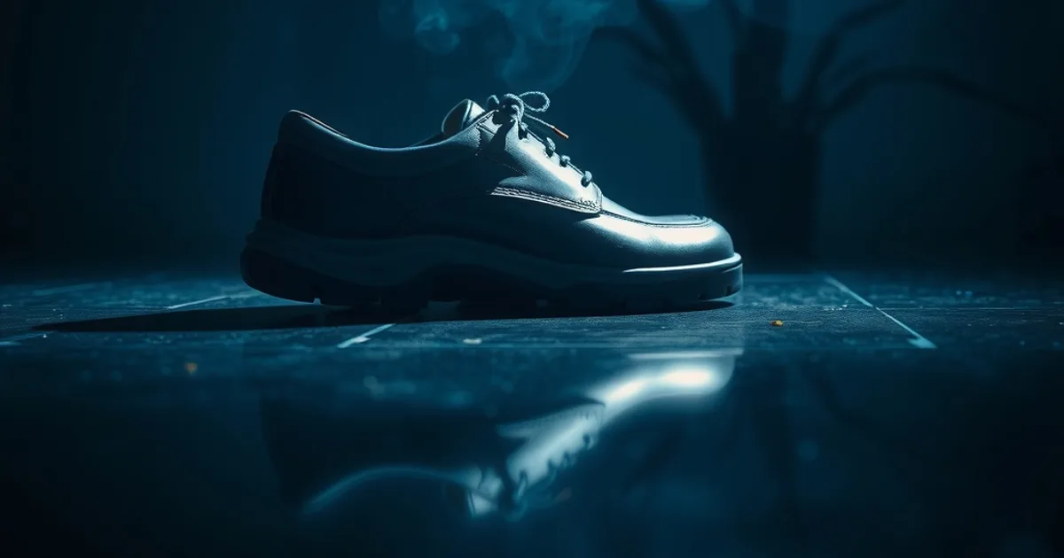 Chaussure orthopédique en cuir mise en valeur par un éclairage bleu froid dramatique, symbolisant le soulagement des jambes lourdes en été