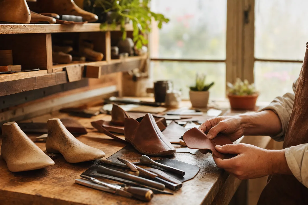 Atelier chaleureux de fabrication de chaussures orthopédiques, outils de cordonnerie et cuirs sur un établi en bois