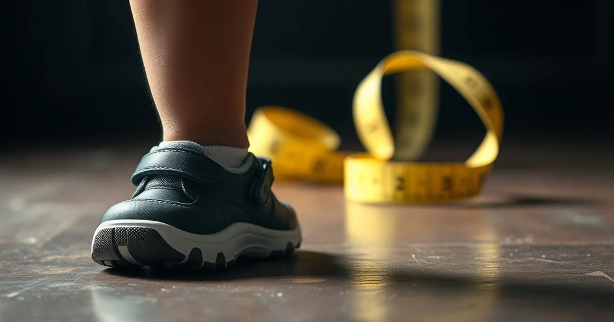 Gros plan sur les pieds d'un enfant chaussant une paire de chaussures orthopédiques modernes, ambiance sombre et soignée de rentrée scolaire