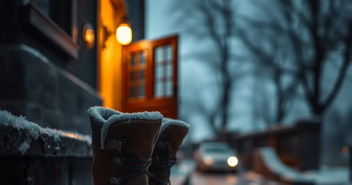 Chaussures orthopédiques d'hiver posées sur un perron givré, éclairage chaud du soir, ambiance hivernale sobre