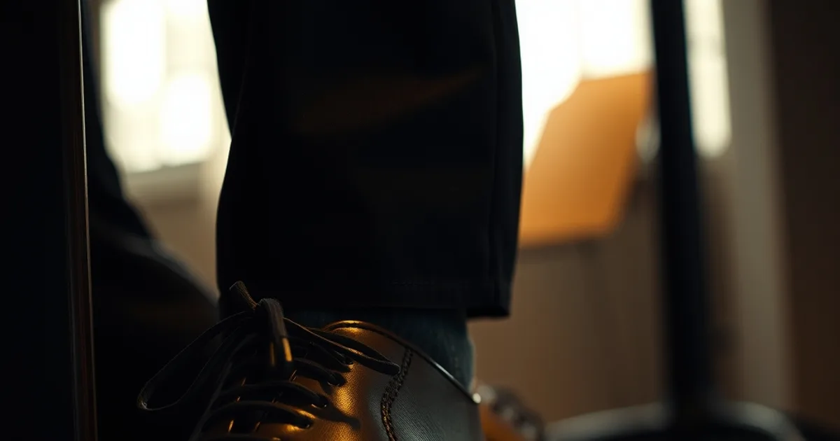 Chaussures derby en cuir foncé, élégantes et discrètes, posées près d'un bureau dans une lumière tamisée