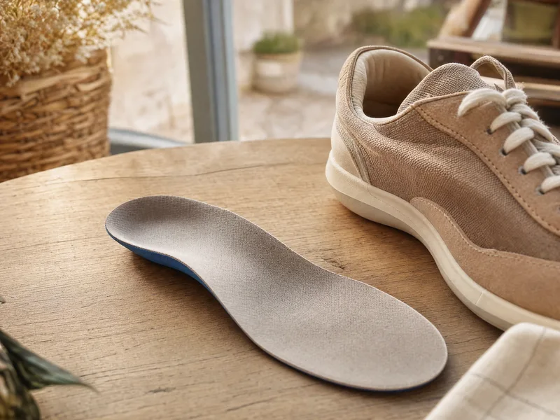 Semelle orthopédique amovible retirée d’une chaussure orthopédique, présentée dans une lumière chaleureuse