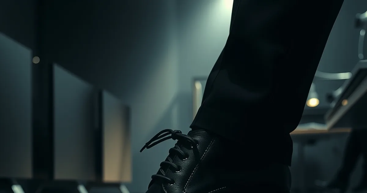 Chaussure élégante à talon compensé orthopédique posée sur un sol sombre de bureau, lumière dramatique
