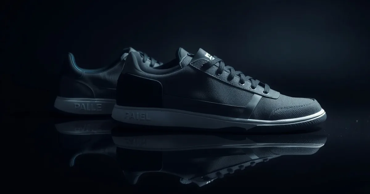 Trois chaussures alignées dans une lumière dramatique, illustrant la progression d'une chaussure post-opératoire rigide vers une chaussure orthopédique de transition