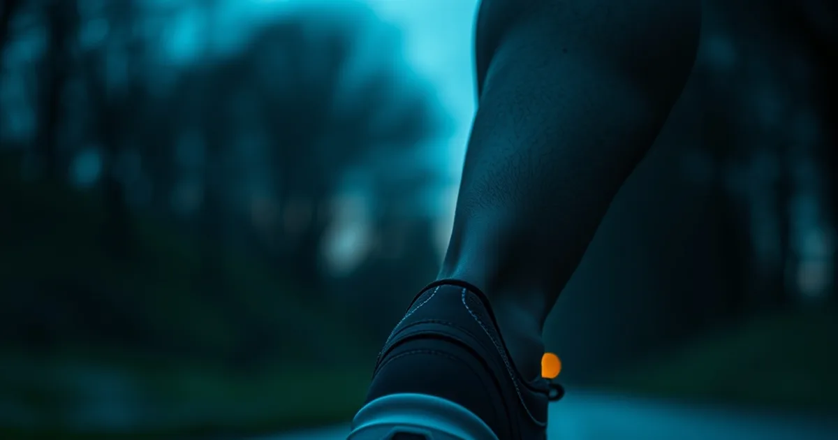 Chaussure de sport orthopédique en gros plan lors d'une foulée sur un chemin humide au crépuscule, mettant en valeur le soutien de l'arche et le renfort du talon