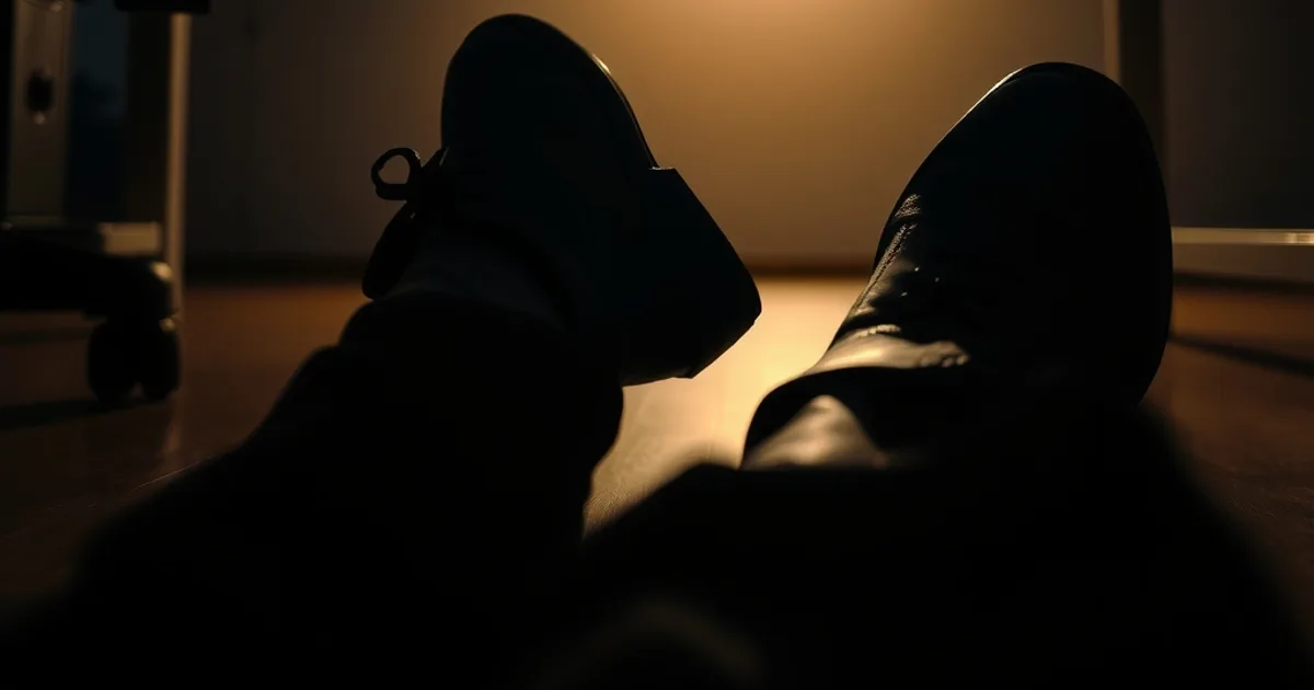 Pieds chaussés de chaussures de bureau sombres, posés au sol sous un bureau, dans une ambiance sombre et feutrée