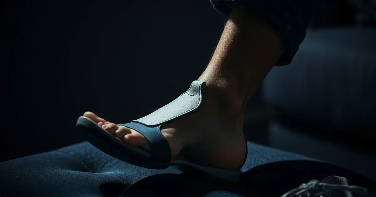 Pied en chaussure médicale post-opératoire posé sur un repose-pied, dans une ambiance sombre et feutrée