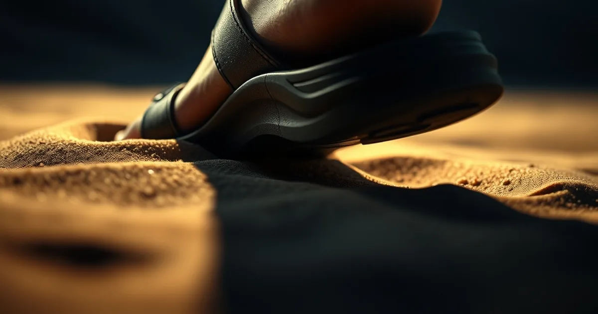 Gros plan cinématographique d'un talon posé sur une sandale orthopédique à soutien d'arche visible, lumière chaude évoquant l'été