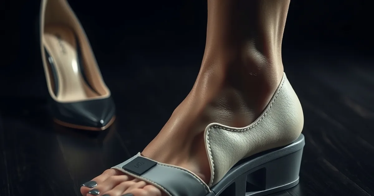 Pied en chaussure orthopédique de récupération post-fracture, avec des talons élégants en arrière-plan flou