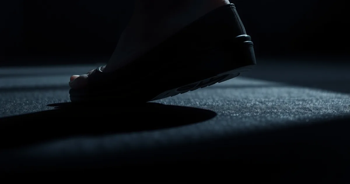 Gros plan cinématographique d'un pied posant sur une chaussure orthopédique à semelle rocker incurvée, éclairage latéral sombre mettant en valeur l'articulation du gros orteil