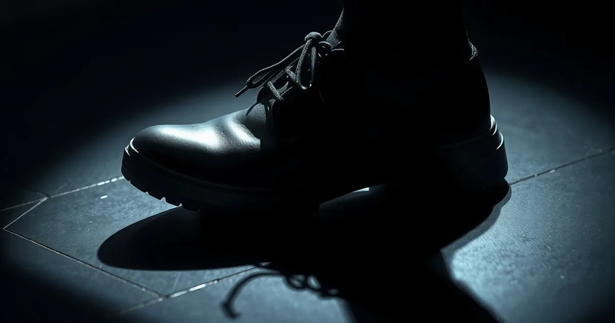 Chaussure sombre à semelle courbée en bascule photographiée en gros plan dans une lumière dramatique, illustrant la conception adaptée à l'hallux rigidus