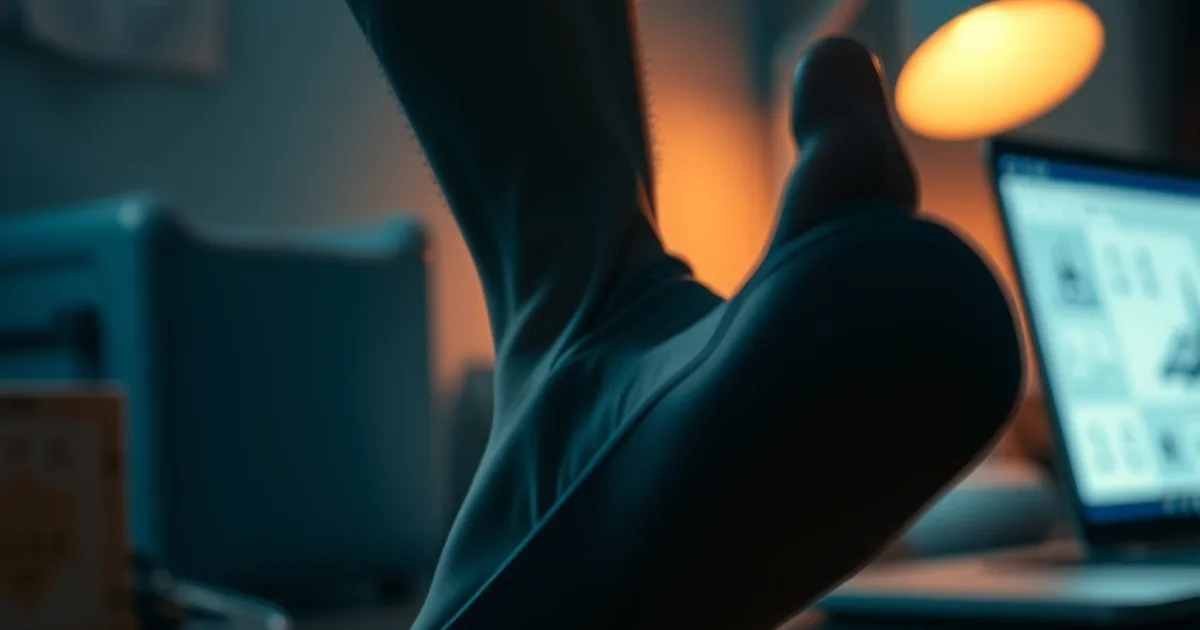 Pied opéré d'un hallux valgus, surélevé dans une chaussure post-opératoire sous un bureau, ambiance sombre et cinématographique évoquant le télétravail en convalescence.