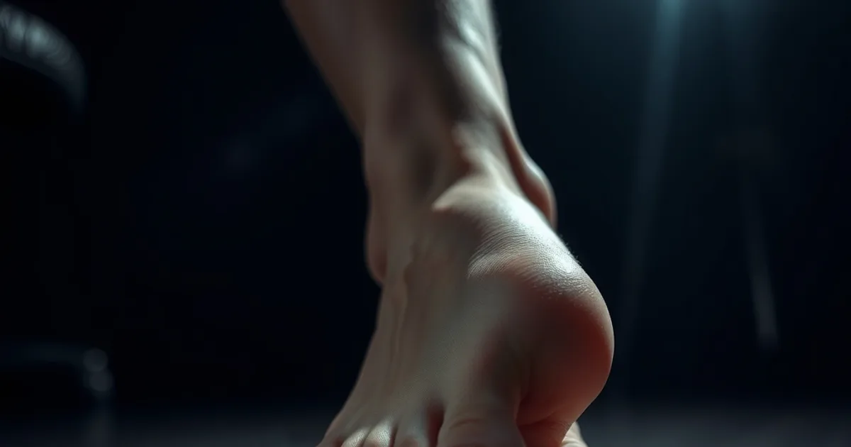 Gros plan sur l'avant-pied posé près d'une chaussure orthopédique ouverte, dans une lumière sombre et cinématique évoquant la douleur de métatarsalgie