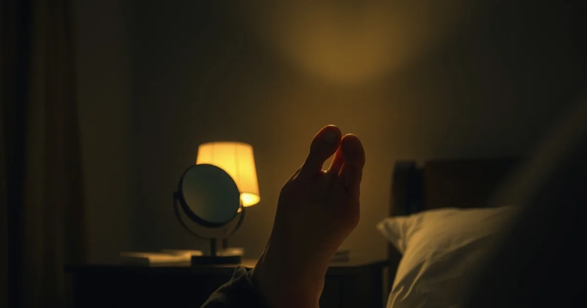 Une personne assise au bord d'un lit examine la plante de son pied à l'aide d'un miroir, sous la lumière chaude d'une lampe de chevet, dans une pièce sombre.