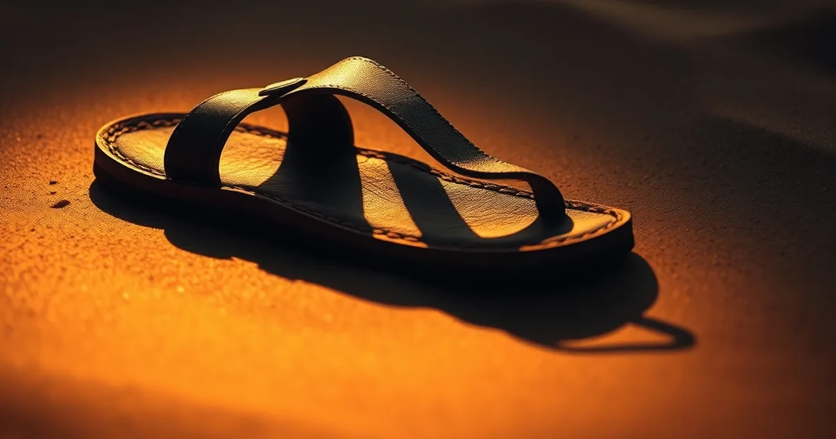 Sandale orthopédique en cuir posée sur le sable au coucher du soleil, mise en lumière dramatique