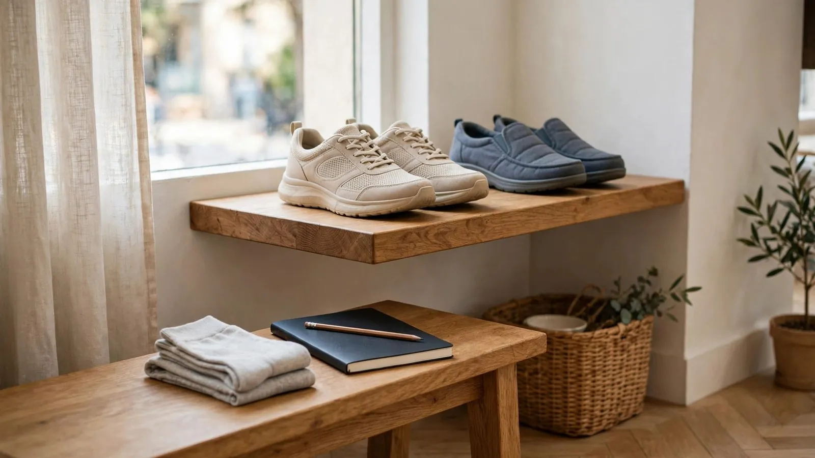 Chaussures à lacets beiges et bleues sur étagère en bois, carnet posé sur banc et tissu plié.